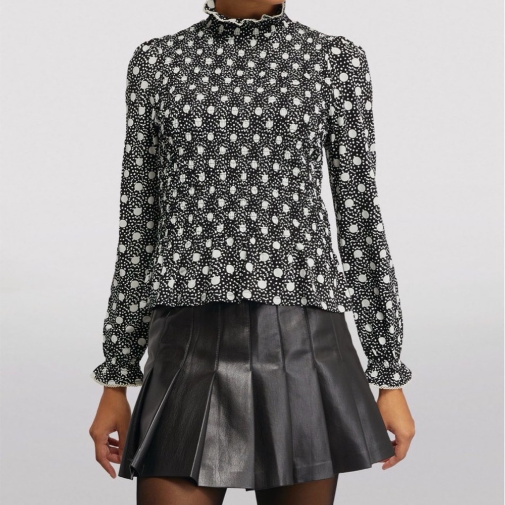 Sandro Paris smocked Blouse Black White High Neck Designer Top